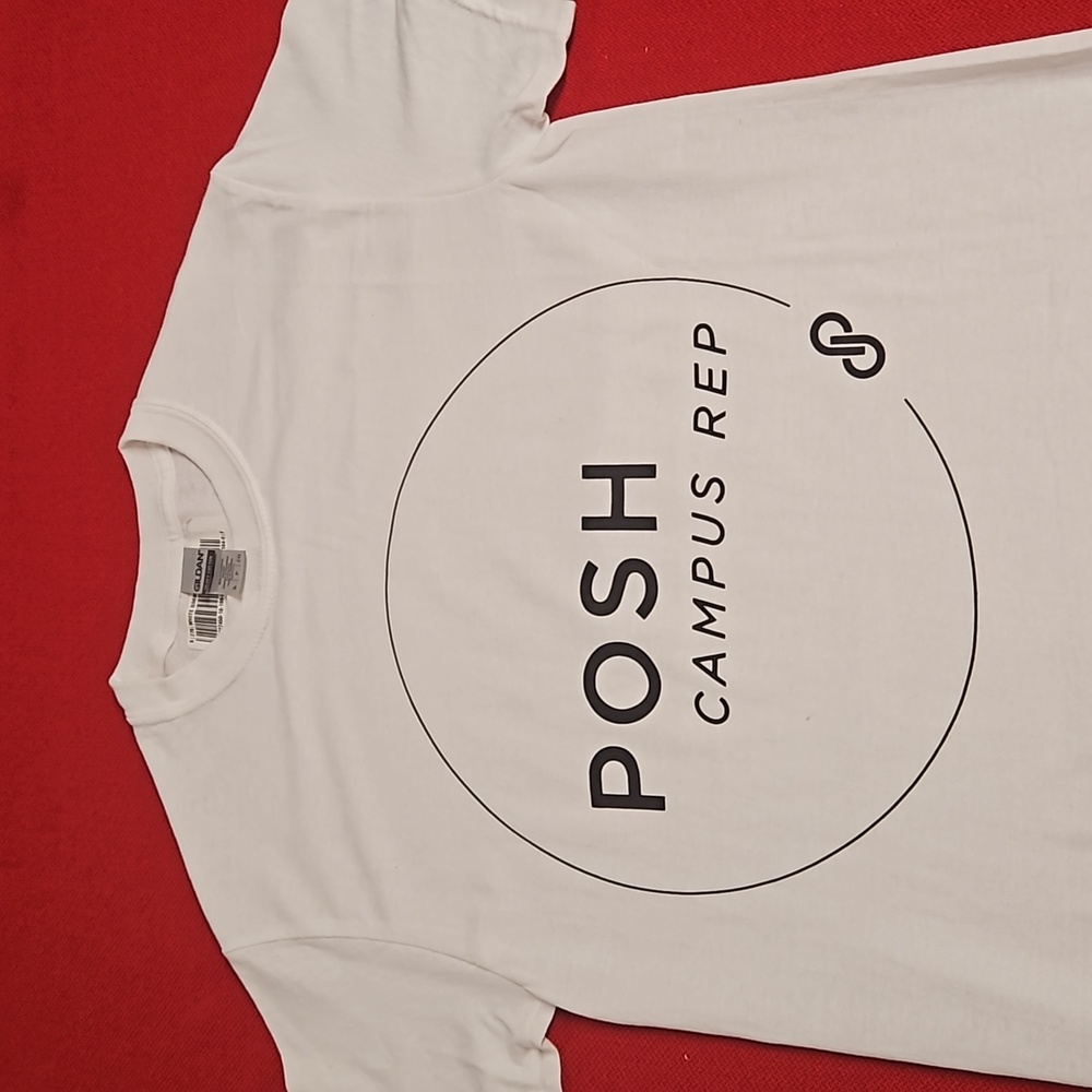 Poshmark Posh Campus Rep white shirt sleeve Small NWOT logo app merch Ltd. Ed.